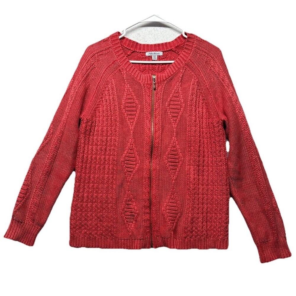 Vintage PBJ Blues Sweater Womens Medium Red Full Zip Cable Knit Cardigan Ramie